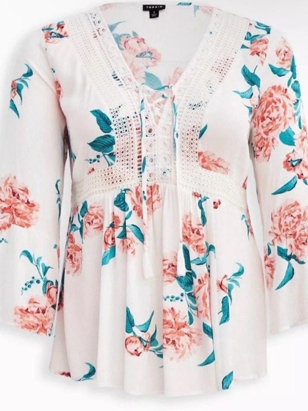 Torrid Sz 2  White Peasant Tunic with Pink Floral & Teal Leaves